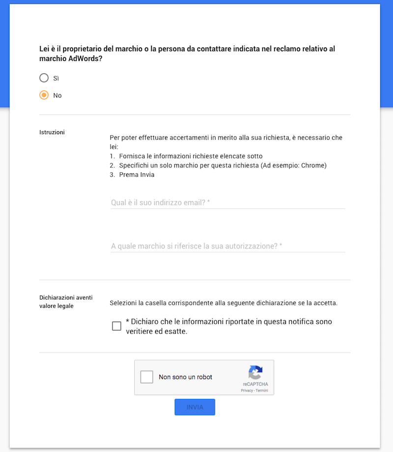 Modulo Adwords per scoprire il proprietario di un marchio registrato